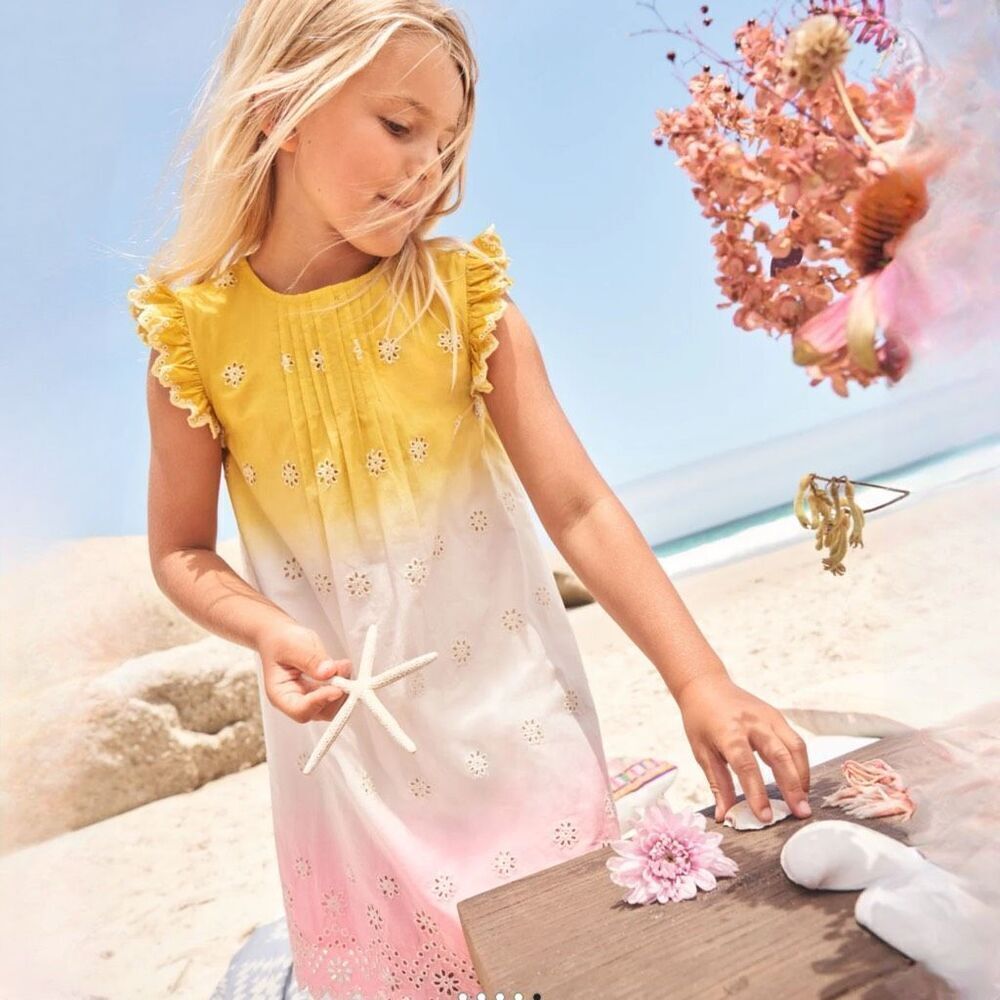 Mini Boden Broderie Dress 6-9 months Daffodil Yellow/Pink Ombre NEW